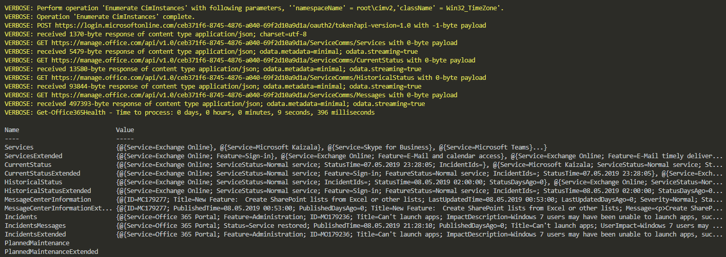 Zrzut PowerShell pokazujący niestandardową tabelę hashtable Office 365