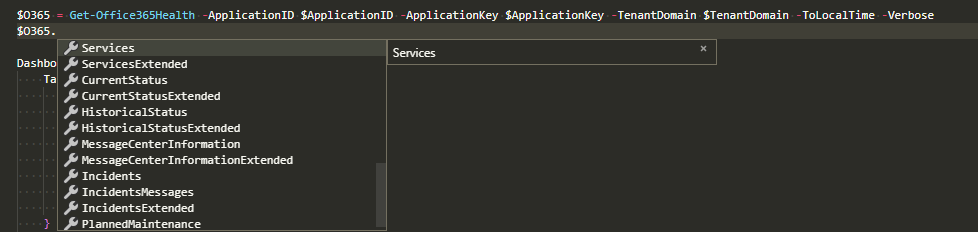 Widok tabeli PowerShell z danymi stanu Office 365