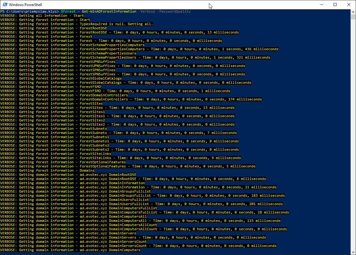 PowerShell console running Get-WinADForestInformation for Active Directory documentation