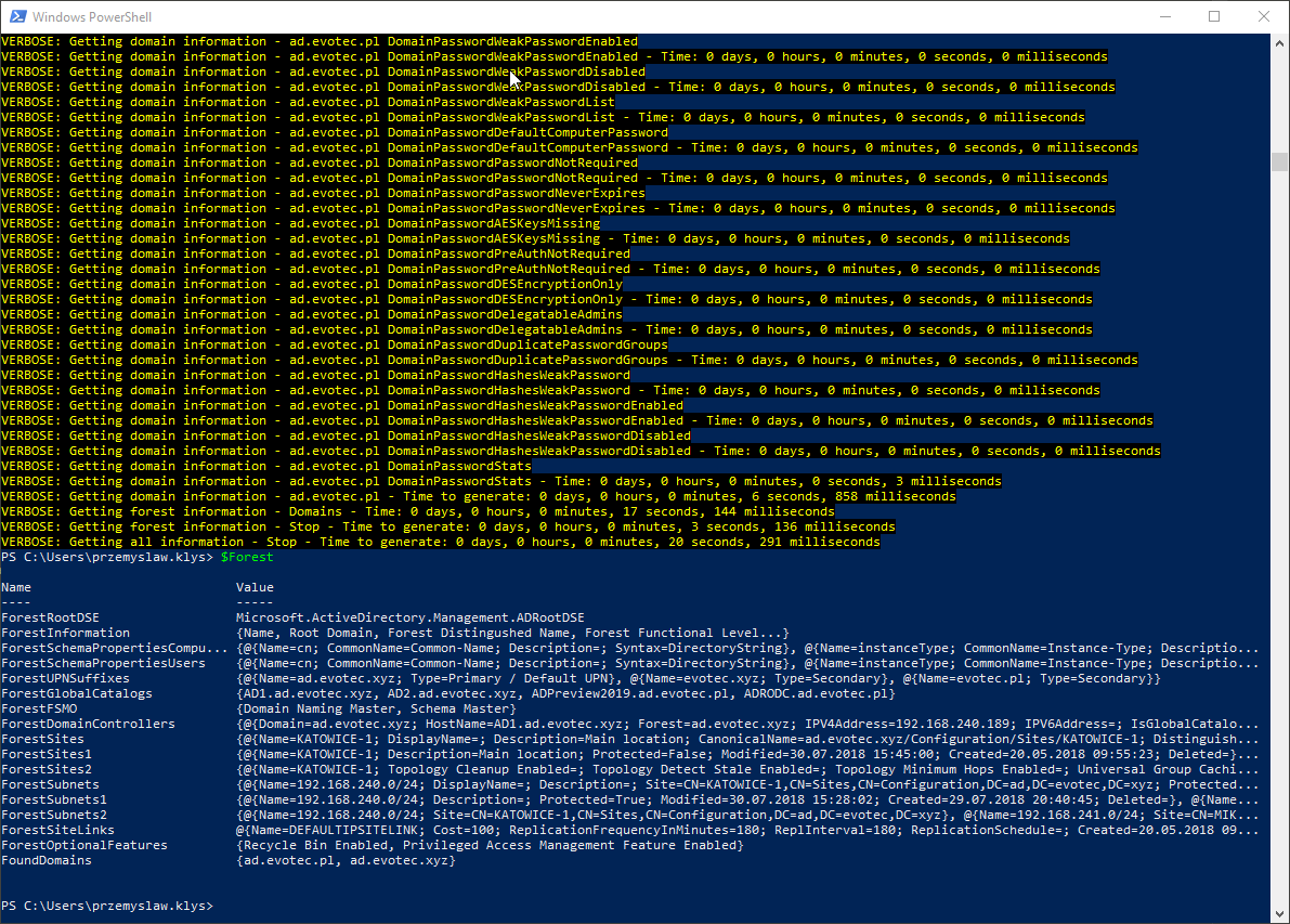 PowerShell output of Get-WinADForestInformation showing top-level forest data