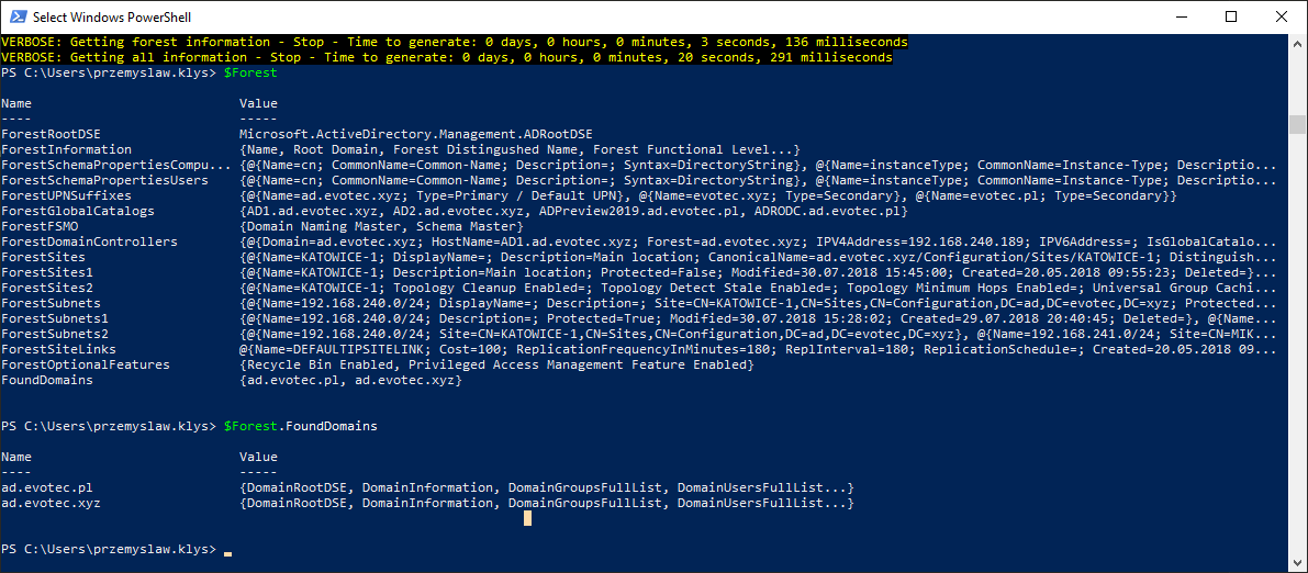 PowerShell output listing FoundDomains in the Active Directory forest