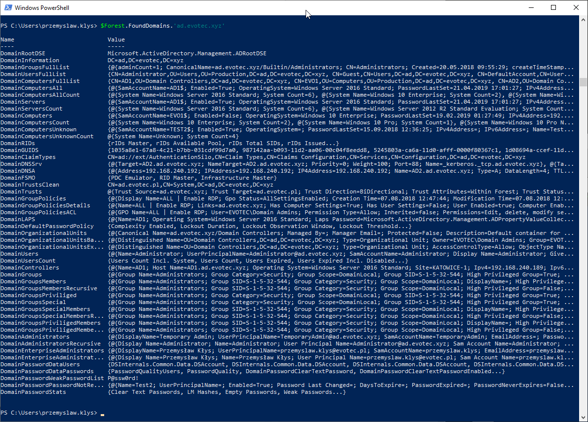 PowerShell output drilling into a domain entry inside FoundDomains