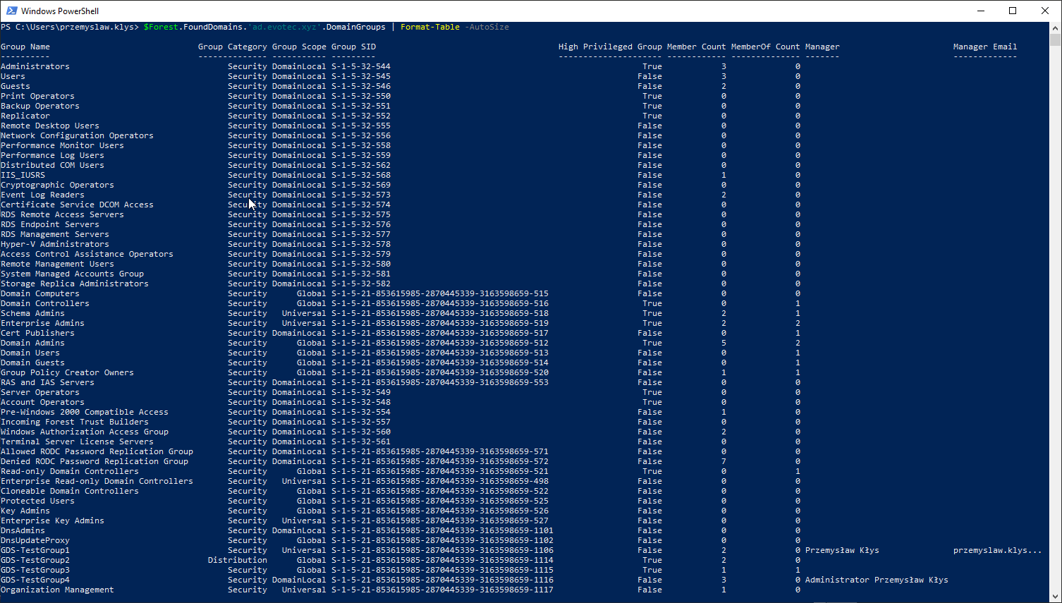 DomainGroups table from Get-WinADForestInformation with member counts and manager columns
