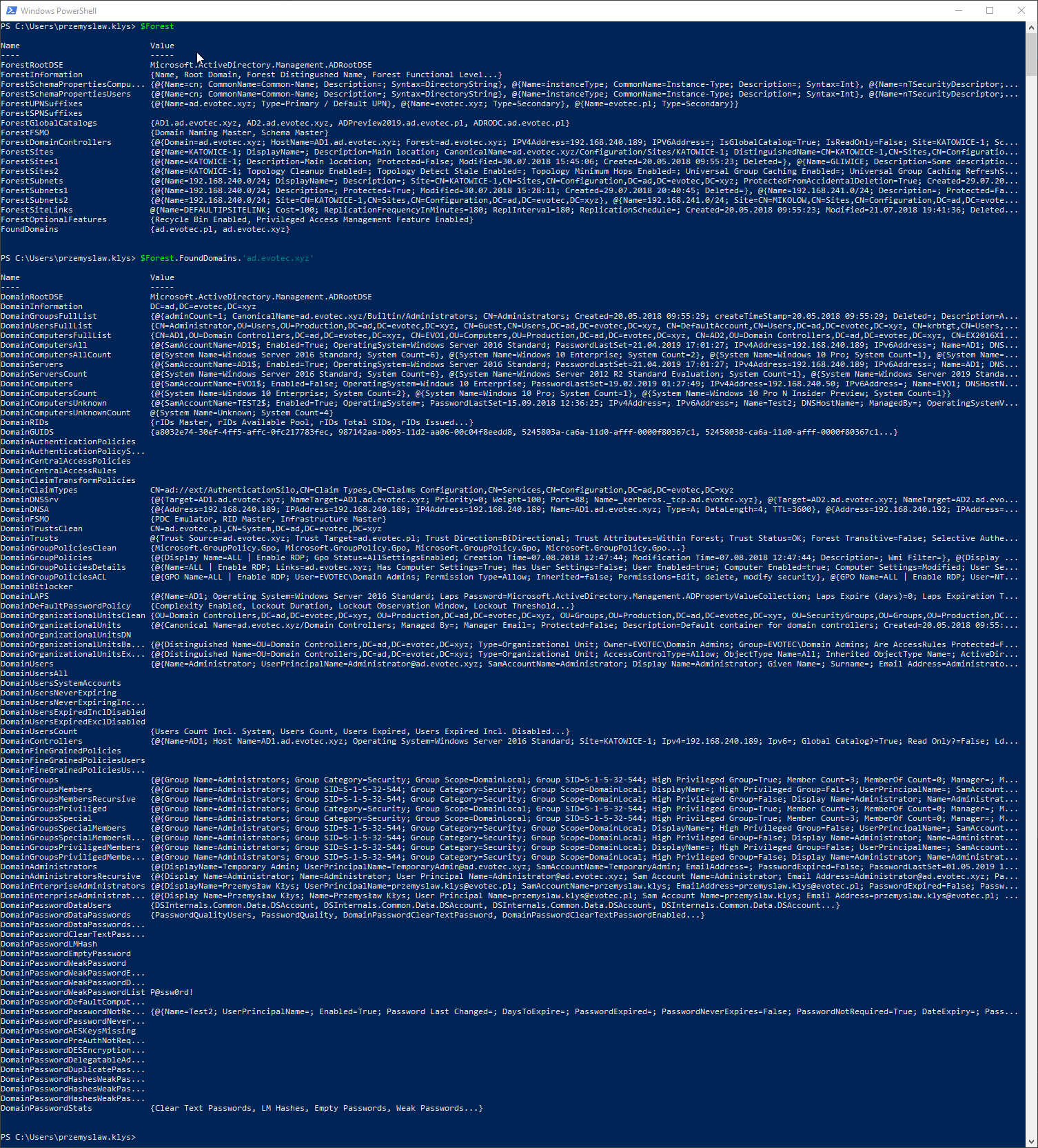 PowerShell output with DontRemoveEmpty preserving empty sections in the forest data
