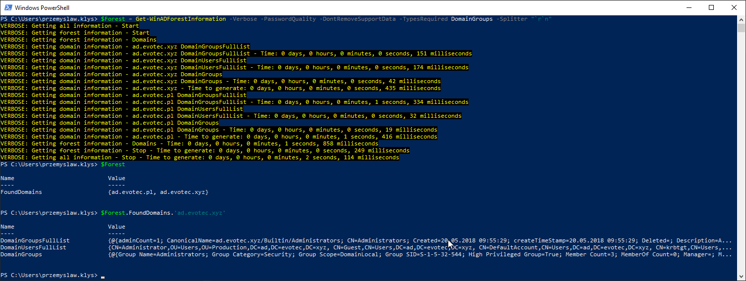 PowerShell output for a DomainGroups request including support datasets