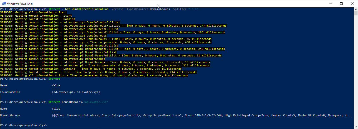 PowerShell output trimmed to the requested DomainGroups data