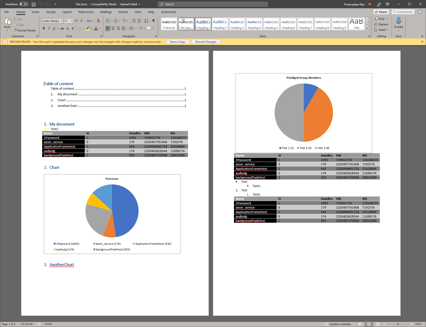 Documentimo-generated Word document with sample tables and charts