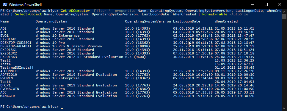 Wynik PowerShell pokazujący komputery z Active Directory wraz z kolumnami OperatingSystem, OperatingSystemVersion oraz datą ostatniego logowania.