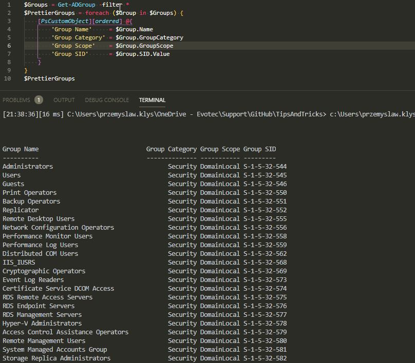 Wynik PowerShell dla kolekcji PrettierGroups z kolumnami nazwy kategorii zakresu i SID grupy