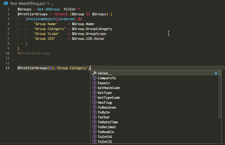Szczegolowy widok PowerShell pokazujacy skladowa enum value__ dla wlasciwosci Group Category
