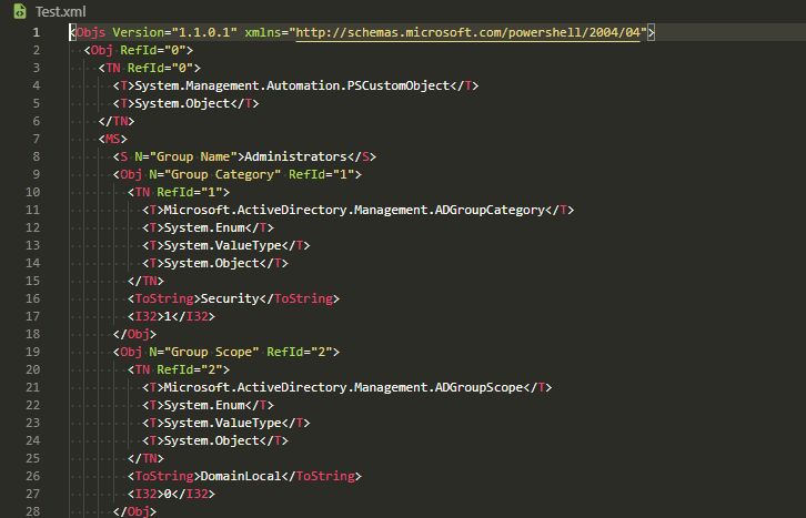 Polecenie Export-Clixml zapisujace obiekt PrettierGroups do pliku Test.xml
