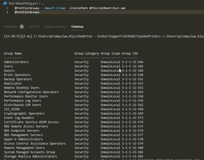 Dane PrettierGroups wczytane z CliXML i wyswietlone ponownie w PowerShell