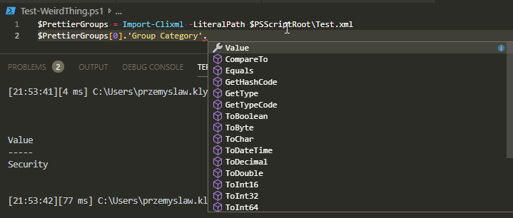Wynik PowerShell pokazujacy pole Value potrzebne do poprawnego odczytu zaimportowanej kategorii grupy