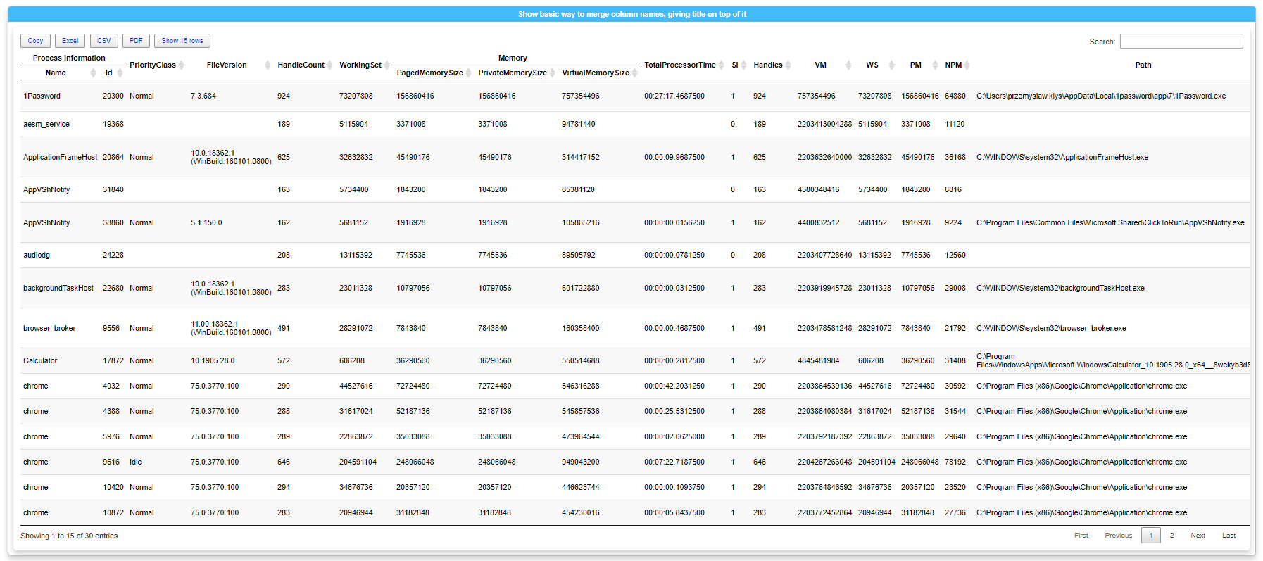 Tabela procesów z połączonymi nagłówkami Process Information i Memory