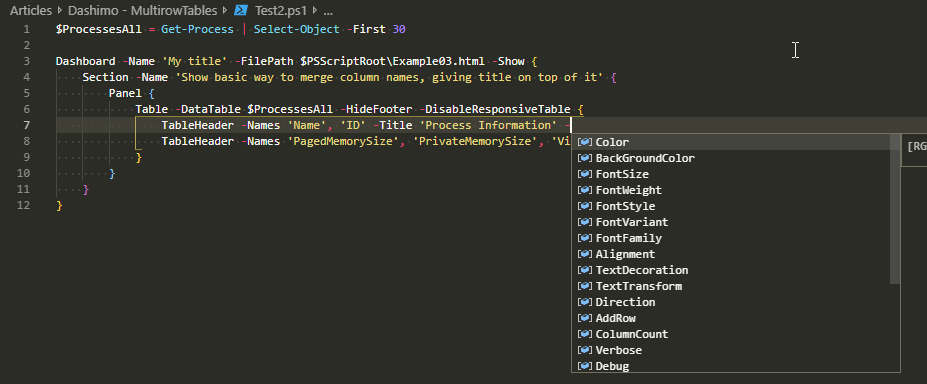 Edytor PowerShell pokazujący opcje stylizacji TableHeader