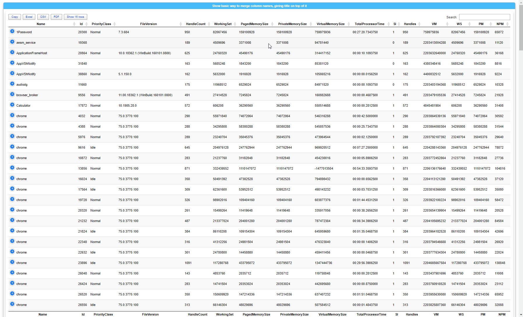 Długa tabela procesów z włączonym przypiętym nagłówkiem i stopką