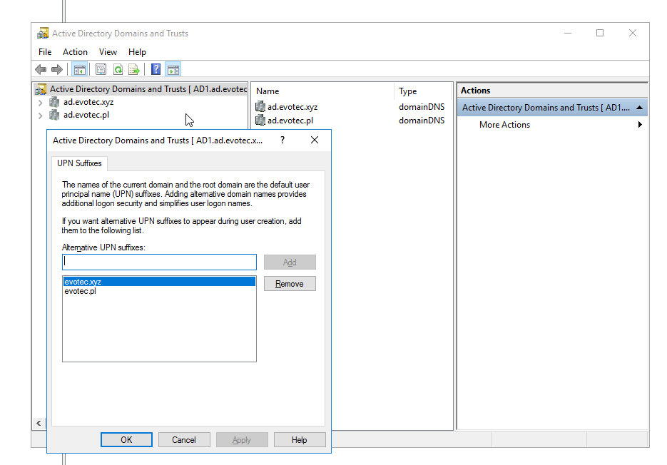 Okno właściwości Active Directory Domains and Trusts z listą sufiksów UPN