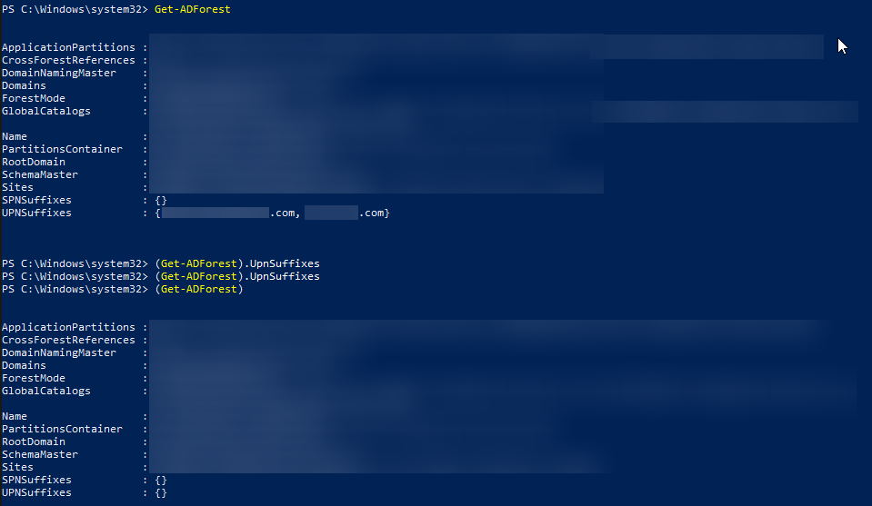 Wynik polecenia PowerShell Get-ADForest pokazujący wartości sufiksów UPN w lesie