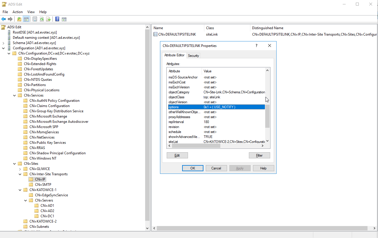 ADSI Edit pokazujący zaktualizowaną wartość Options z włączonym USE_NOTIFY