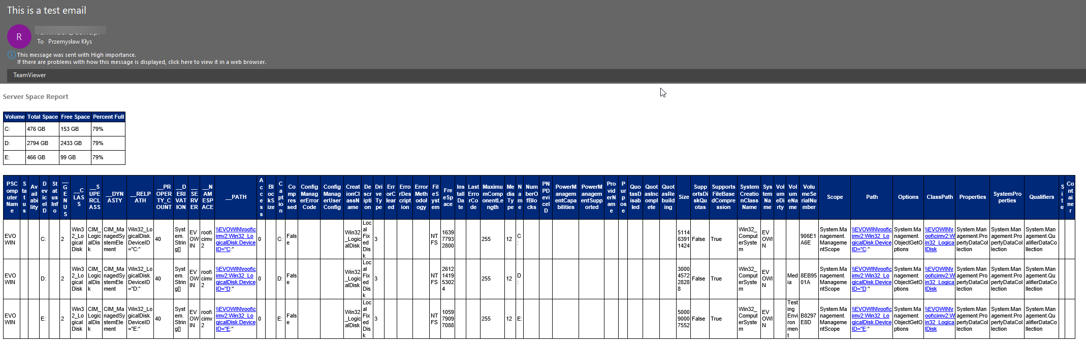 Przyklad Emailimo z pelnym wyjsciem obiektu dysku, ktory generuje zbyt wiele kolumn do czytelnego e-maila.