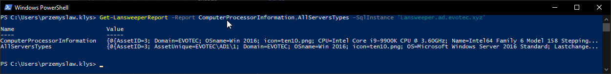 Wynik PowerShell w formie hashtable zwracajacy dane z wielu raportow Lansweeper jednoczesnie