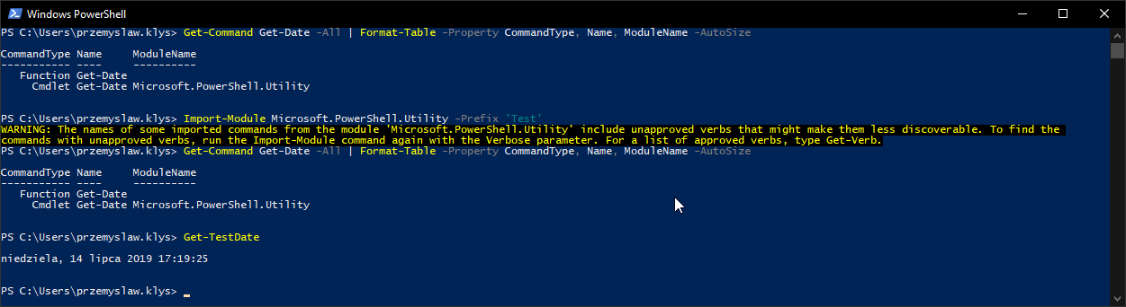 Wynik PowerShell pokazujący polecenie Get-TestDate po imporcie modułu z prefiksem Test