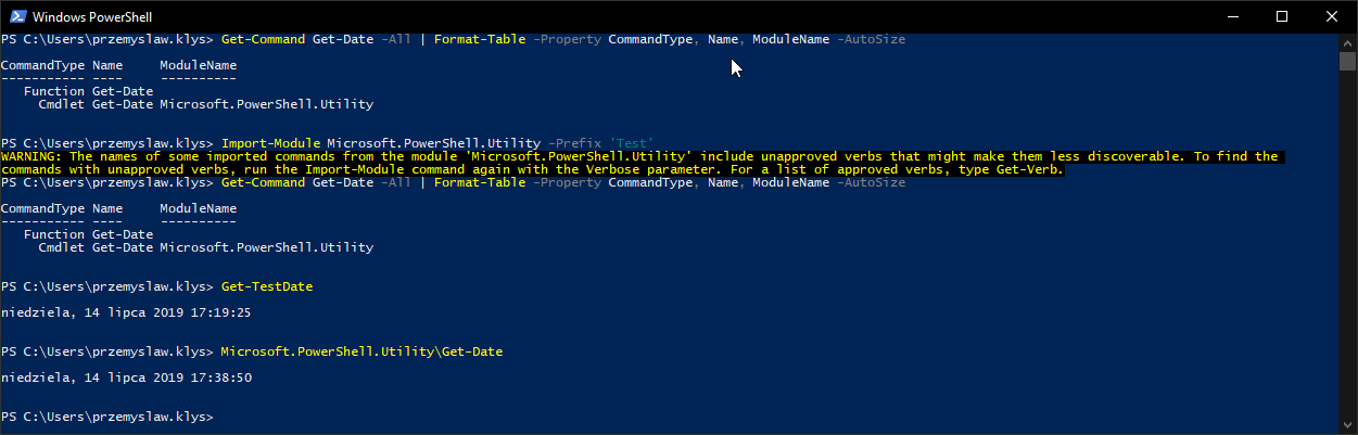 Wynik PowerShell po bezpośrednim wywołaniu Microsoft.PowerShell.Utility\\Get-Date