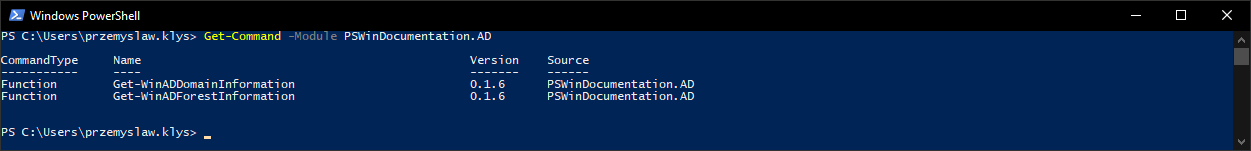Wynik PowerShell z listą dwóch eksportowanych poleceń modułu PSWinDocumentation.AD