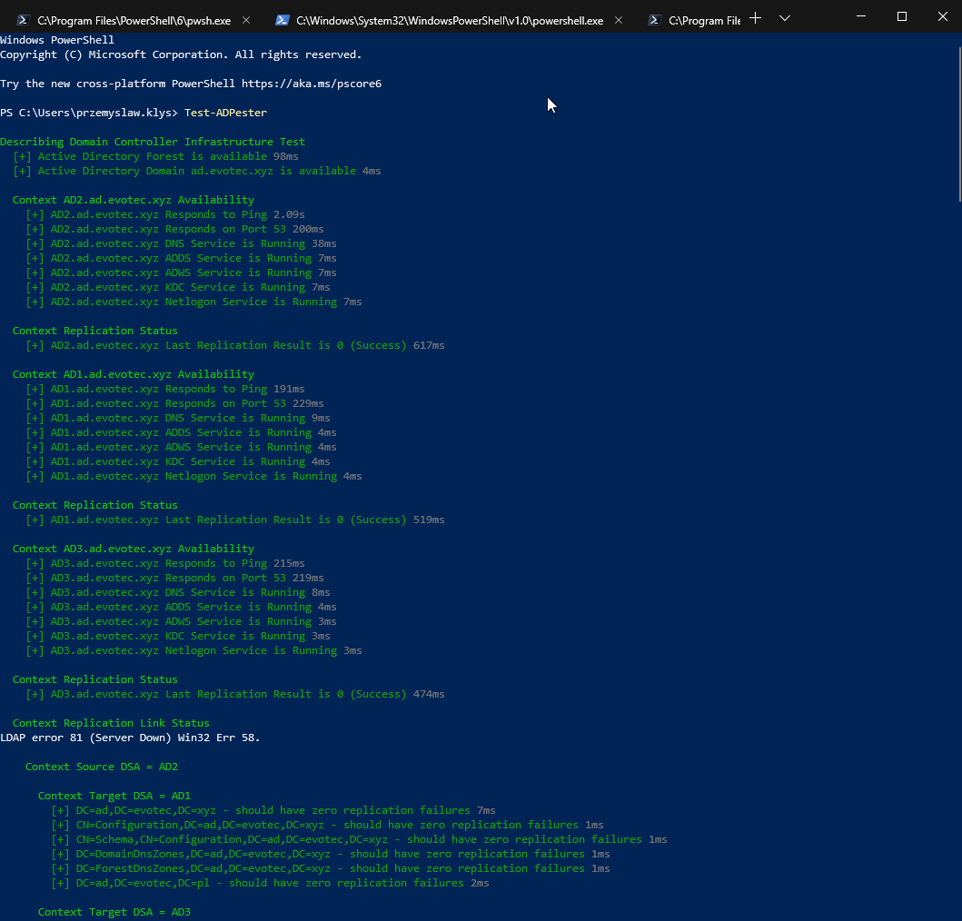 Wyjscie PowerShell z Test-ADPester pokazujace proste podsumowanie kontroli stanu Active Directory.