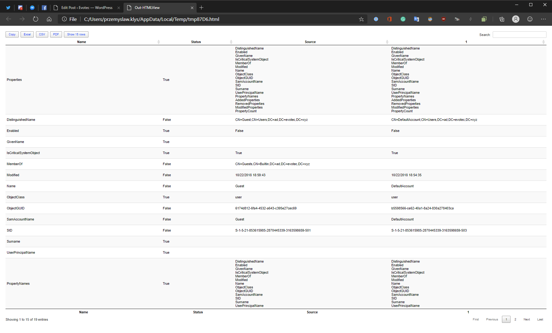 Compare table for two AD users with a Status column for each property