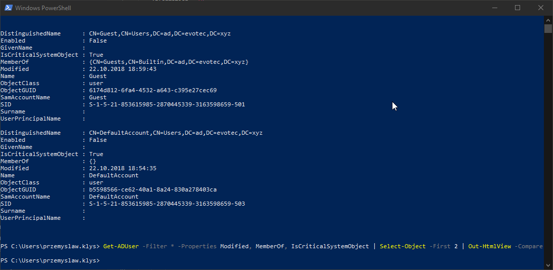 Out-HtmlView compare output for two AD users with the Compare parameter enabled
