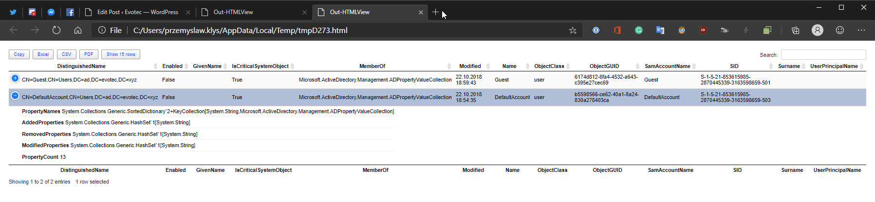 Default Out-HtmlView table showing two AD users and their properties
