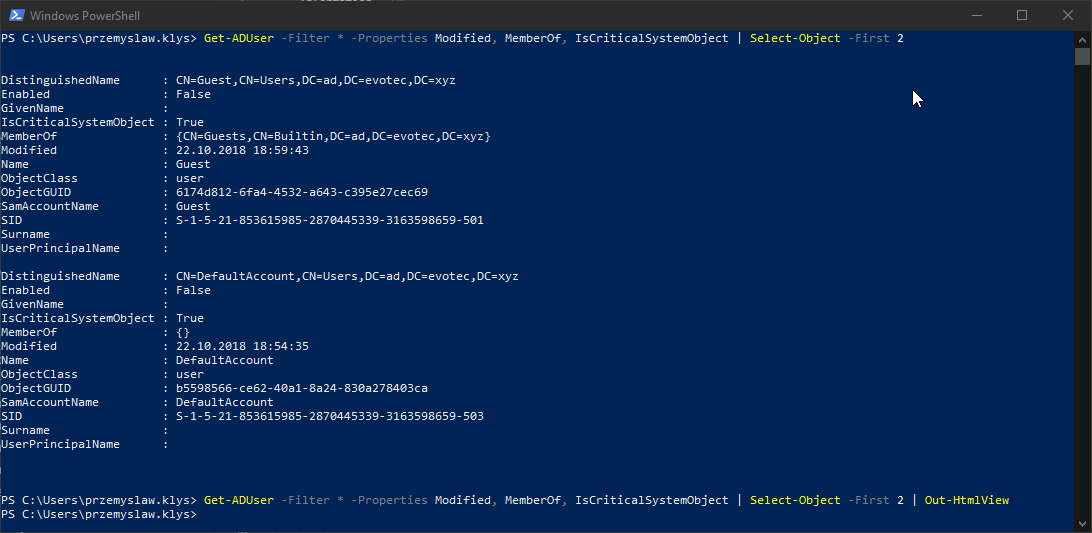 PowerShell console showing Get-ADUser output for Guest and DefaultAccount