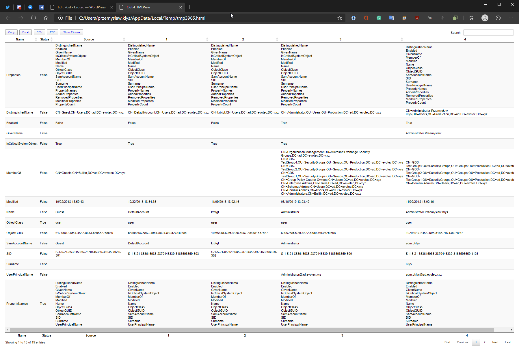 Scrollable compare table for five AD users with the source object matched against four others