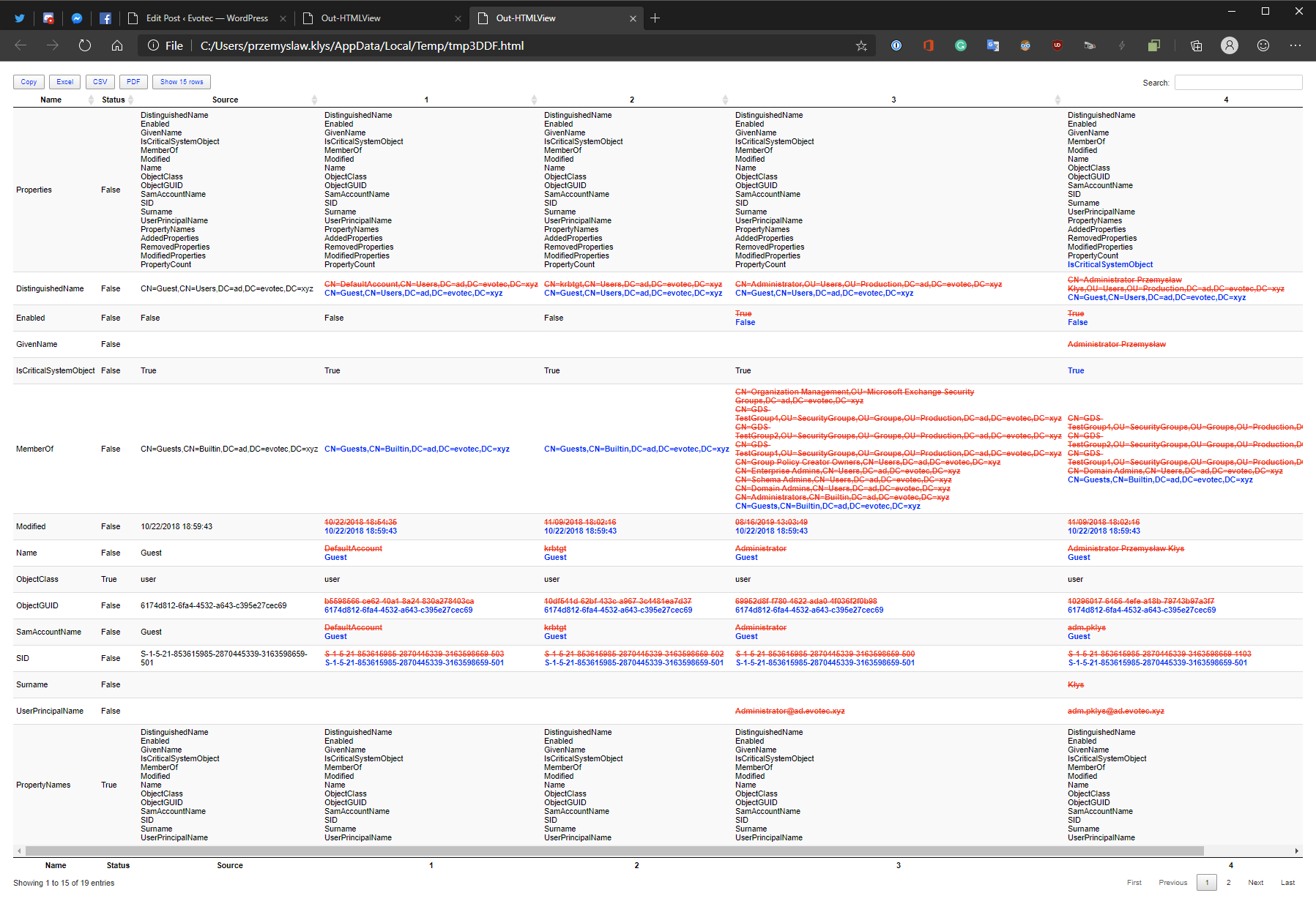 Out-HtmlView compare output with differences highlighted in red and blue