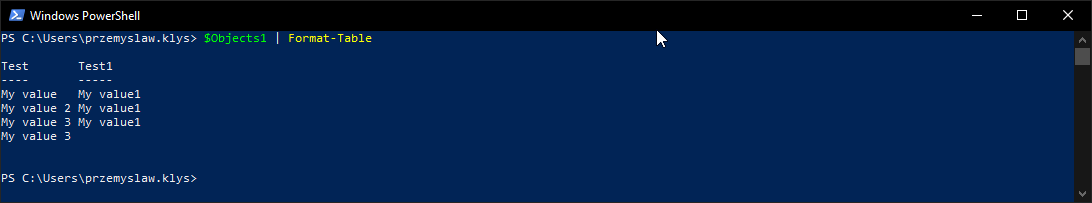 PowerShell Format-Table output showing the fourth object lost its Test2 property