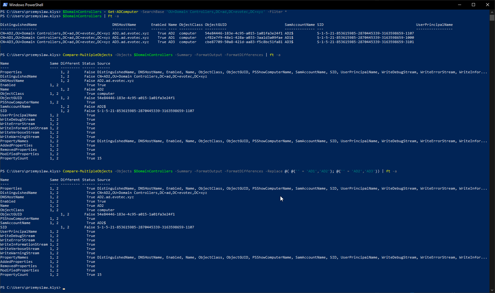 Console output from Compare-MultipleObjects showing summary and formatted differences for domain controllers