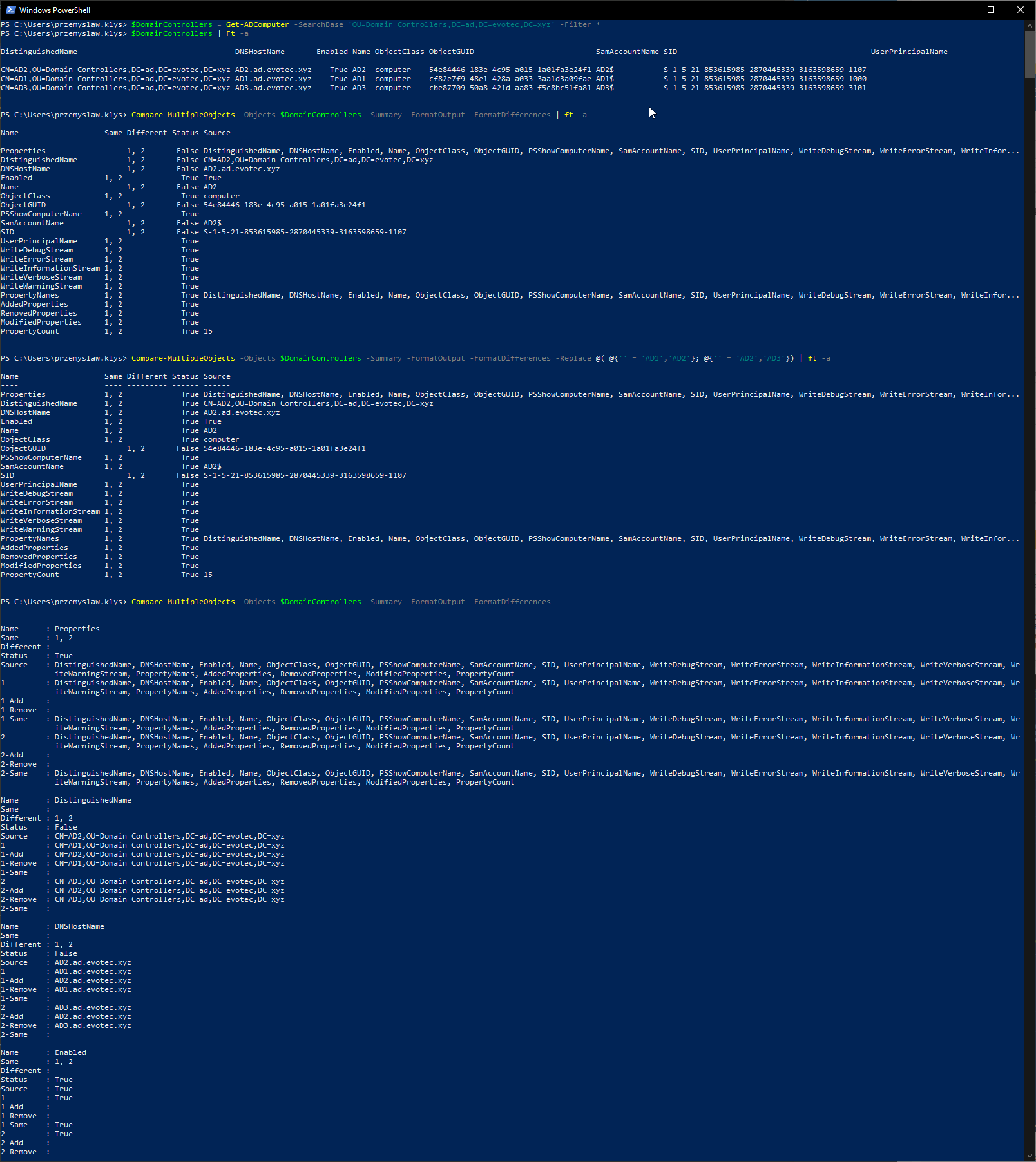 Console output from Compare-MultipleObjects showing formatted Add, Remove, and Same properties
