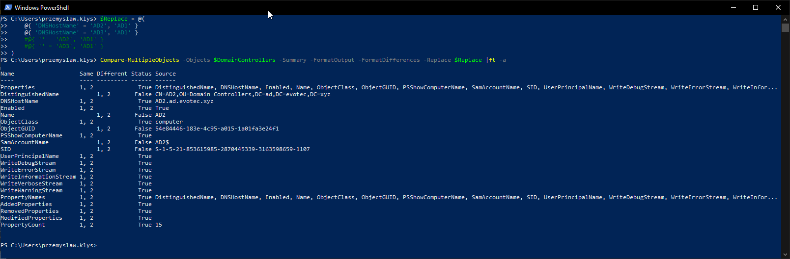 Compare-MultipleObjects output with DNSHostName-only replacements applied