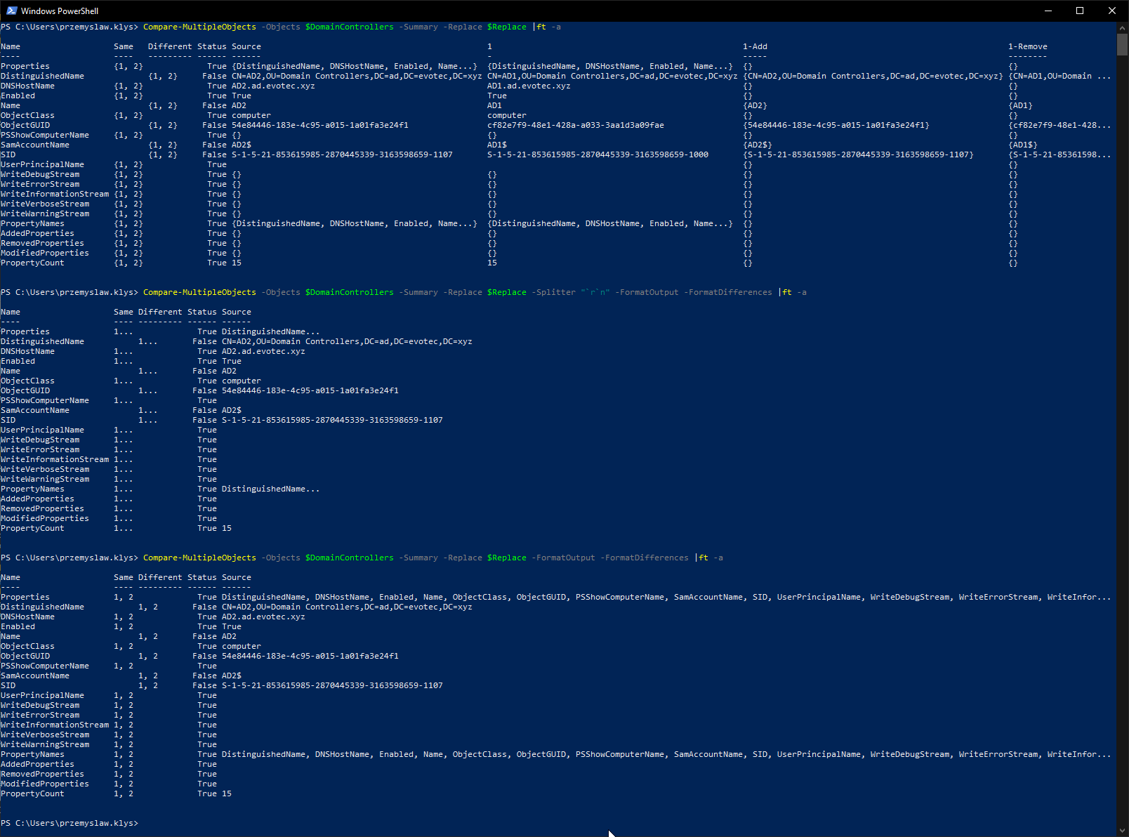 Three Compare-MultipleObjects outputs showing different splitter and formatting options