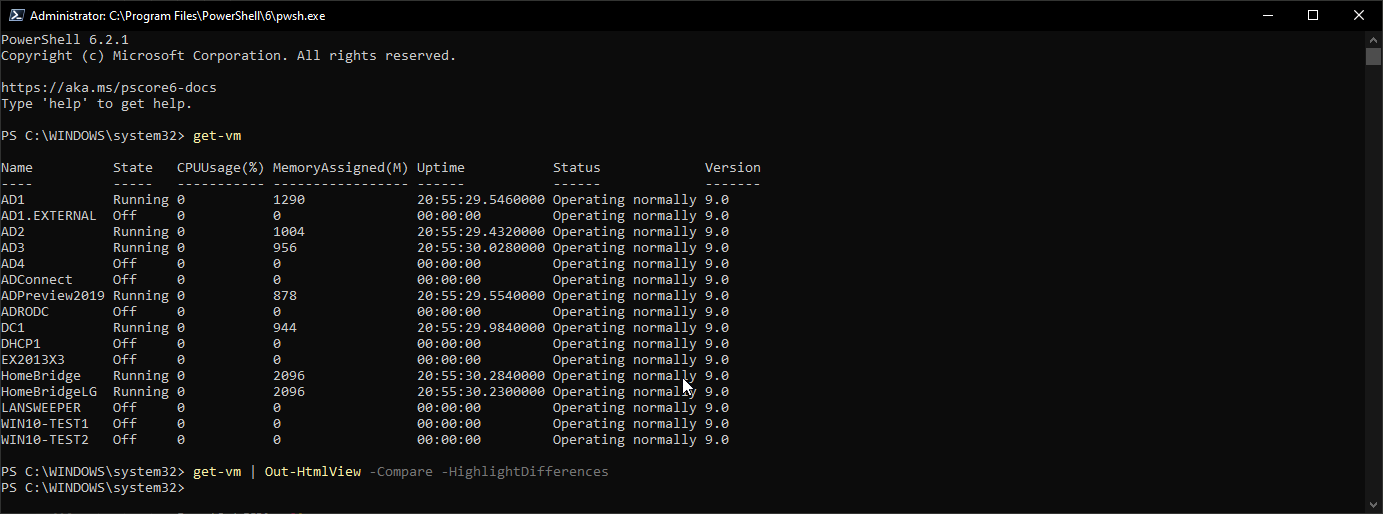 PowerShell get-vm output listing virtual machines on the local Windows 10 machine