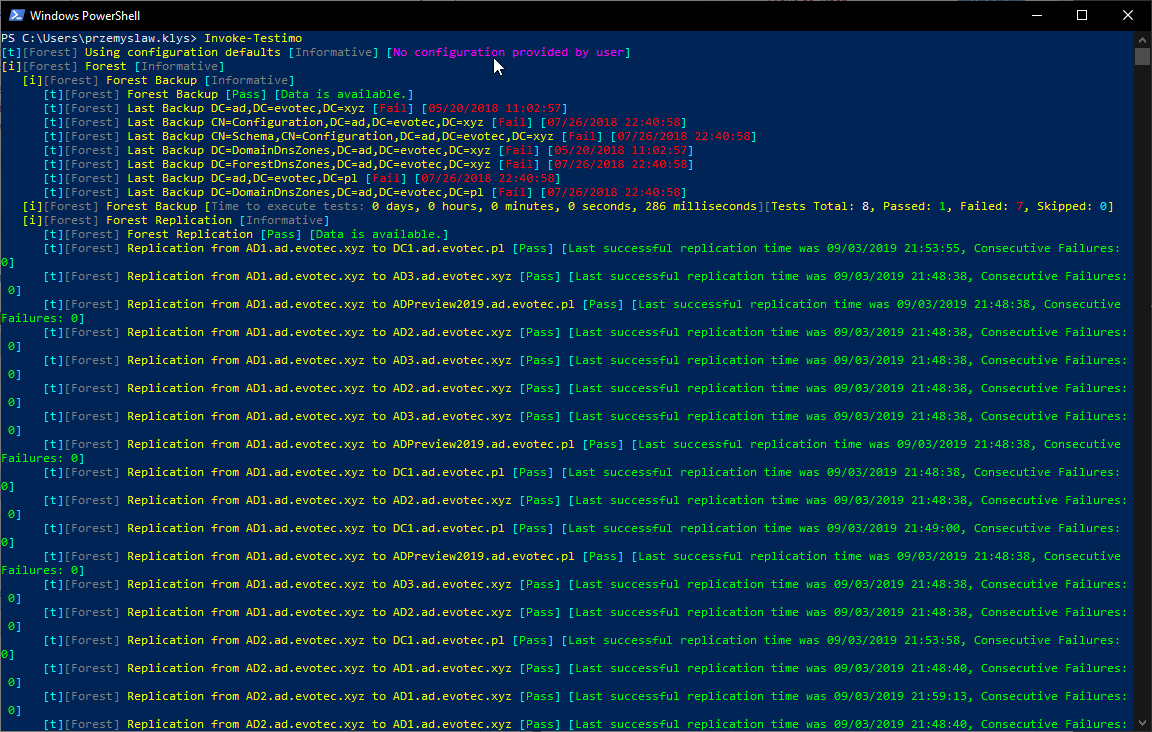 Wyjscie PowerShell z Invoke-Testimo pokazujace kontrole kopii zapasowych lasu i poczatek wynikow replikacji.