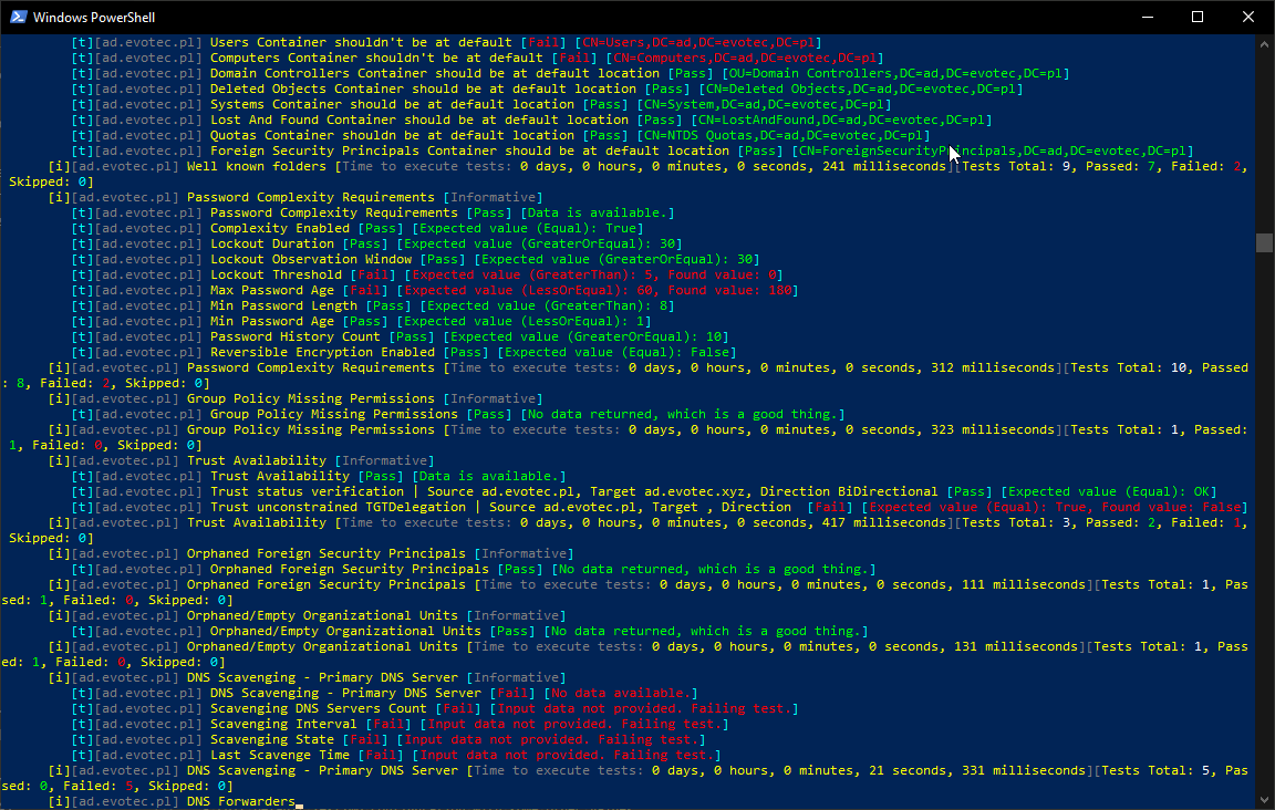 Wyjscie PowerShell z Invoke-Testimo pokazujace kontrole zasad domeny, DNS, uslug i lacznosci LDAP.