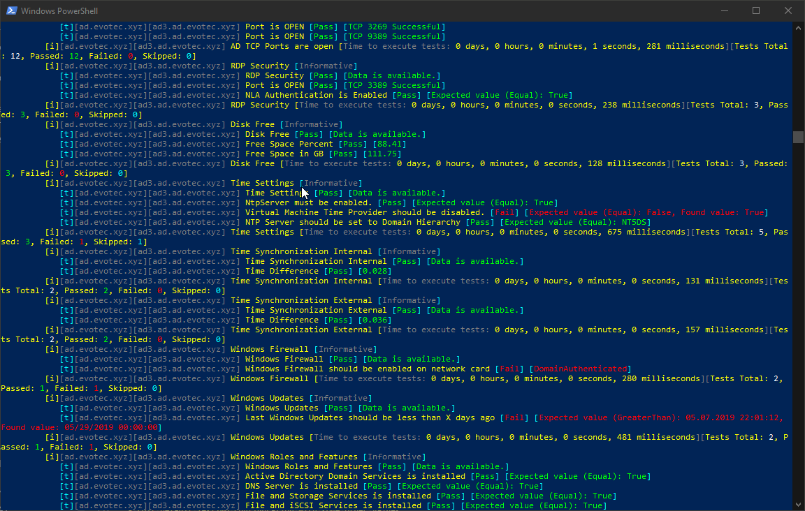 Wyjscie PowerShell z Invoke-Testimo pokazujace kontrole portow TCP, bezpieczenstwo RDP, wolne miejsce, czas, firewall, aktualizacje i role.