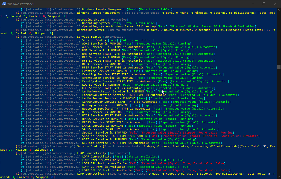 Wyjscie PowerShell z Invoke-Testimo pokazujace Windows Remote Management, system operacyjny, status uslug i lacznosc LDAP.