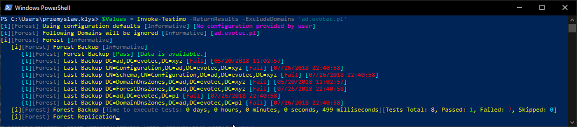 Okno PowerShell z Invoke-Testimo -ReturnResults i wypisanymi obiektami podsumowania lasu, domen i wynikow.