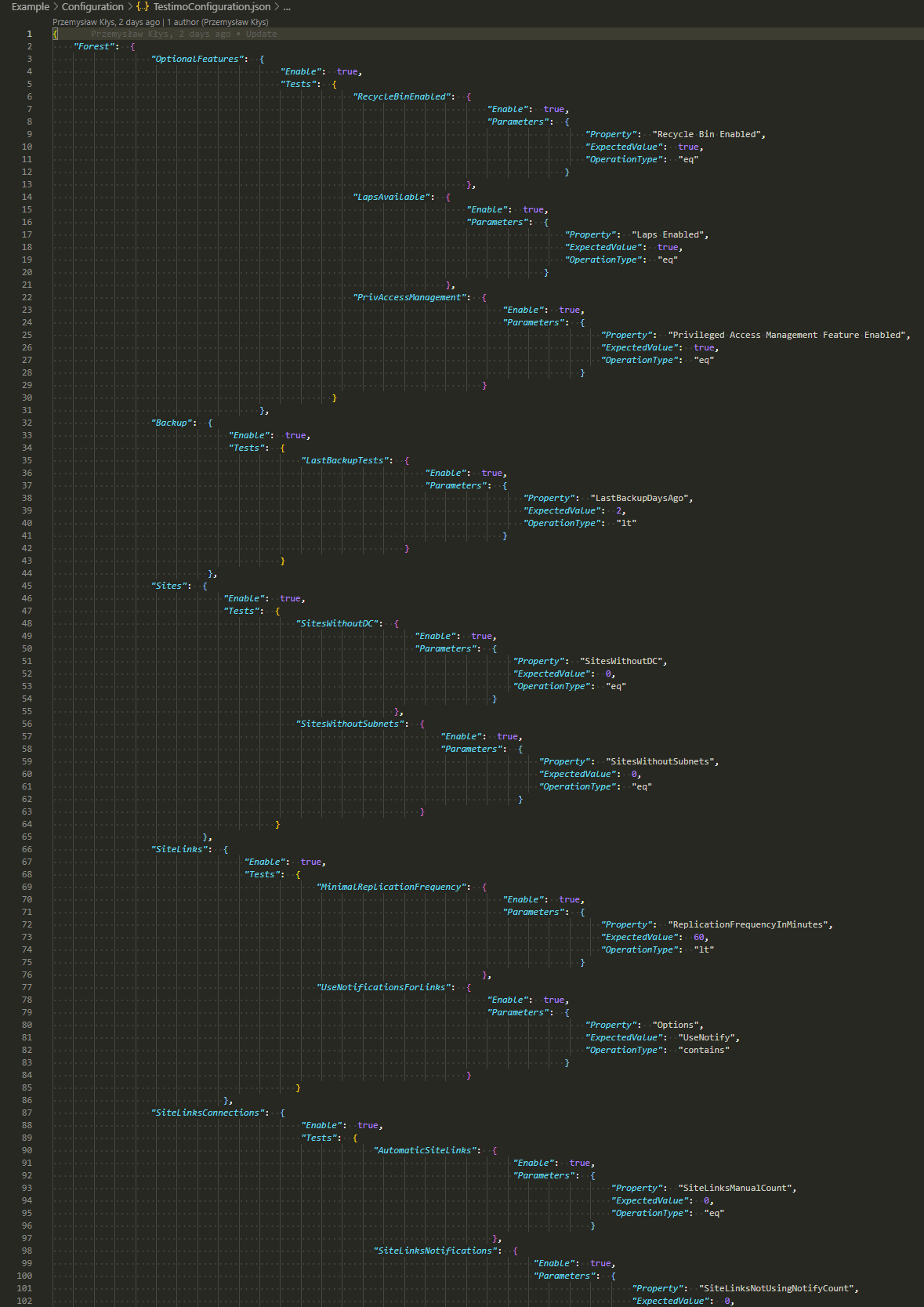 Konfiguracja JSON Testimo pokazujaca sekcje opcjonalnych funkcji, kopii zapasowych, lokalizacji i linkow site.