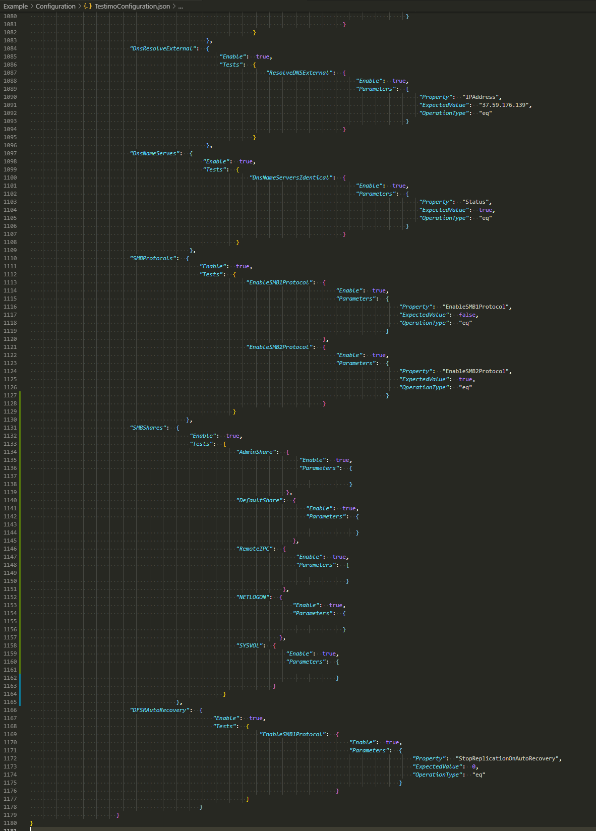 Konfiguracja JSON Testimo pokazujaca sekcje DNS, SMB i DFSR.