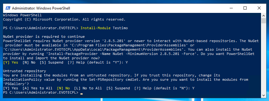 Okno PowerShell z instalacja Testimo i komunikatami o NuGet oraz niezaufanym repozytorium.