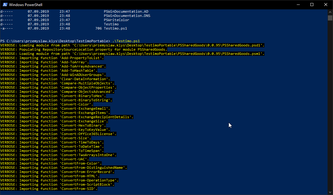 Widok folderu z pobranymi modulami PowerShell oraz wygenerowanym skryptem startowym Testimo.ps1.